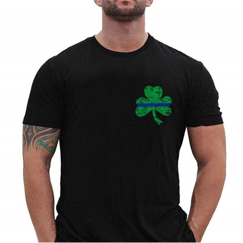 Thin Blue Line Shamrock T-Shirt in black, showcasing green shamrock design for St. Patrick's Day and support for law enforcement.